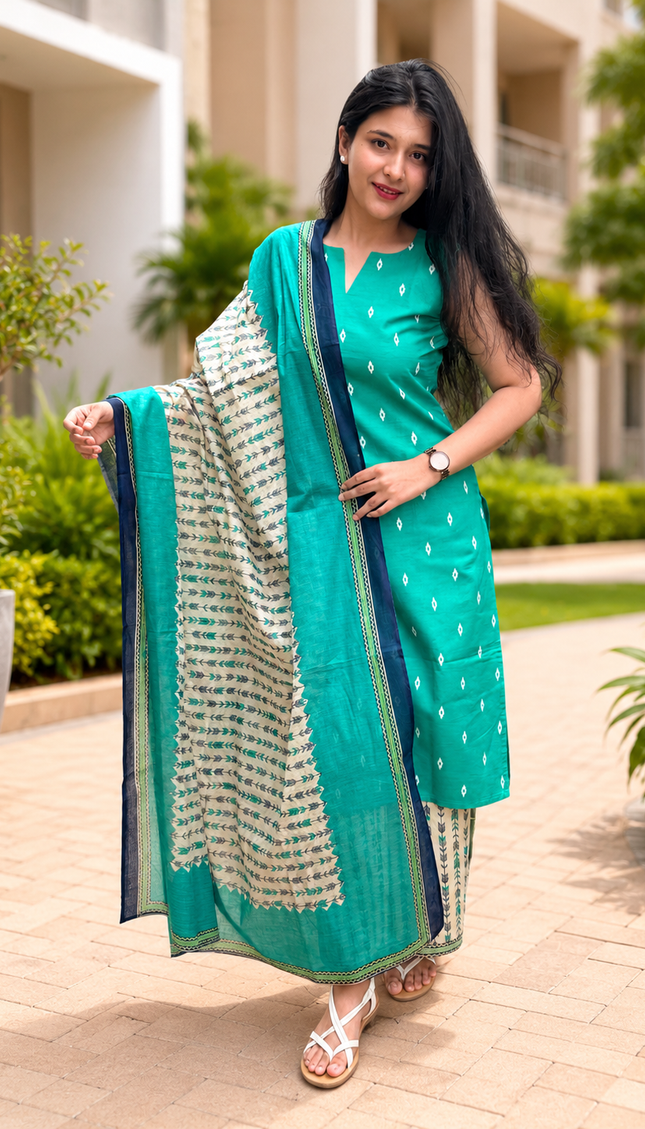 Woman in a teal traditional outfit with a patterned dupatta standing outdoors.