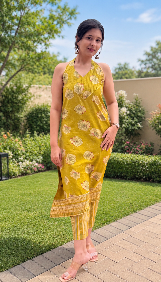 Elegant olive green floral printed kurta set for women with coordinated striped pants and comfortable summer styling.