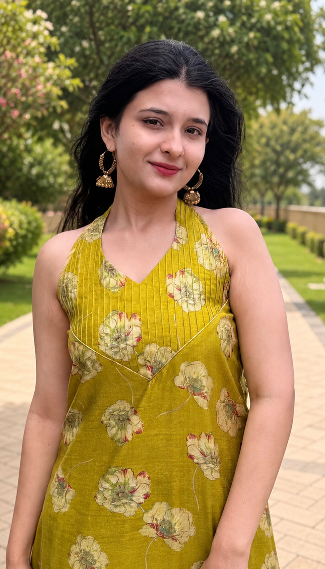 RREFLEKT OLIVE TRACE kurta set featuring floral prints, sleeveless V-neck design, and matching striped pants in olive green.