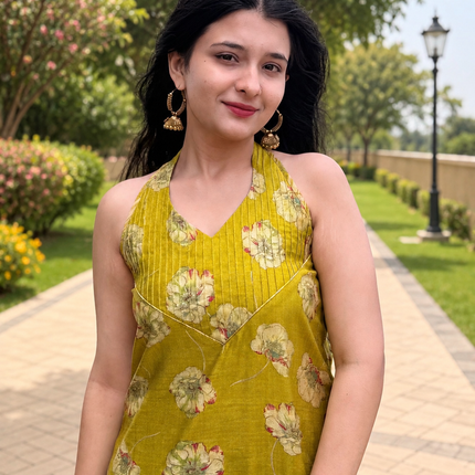 RREFLEKT OLIVE TRACE kurta set featuring floral prints, sleeveless V-neck design, and matching striped pants in olive green.