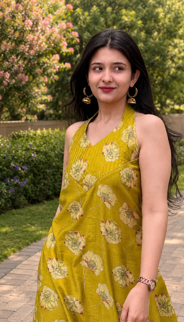 Woman wearing OLIVE TRACE floral printed olive green kurta set by RREFLEKT.
