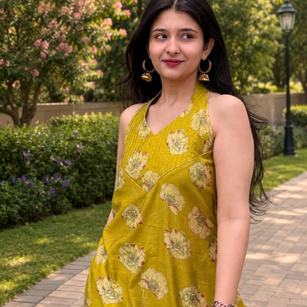 Woman wearing OLIVE TRACE floral printed olive green kurta set by RREFLEKT.