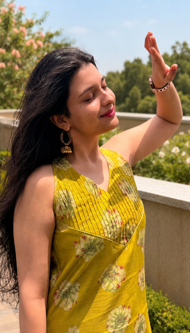 Women's olive green floral kurta set with striped pants, sleeveless ethnic co-ord outfit by RREFLEKT."