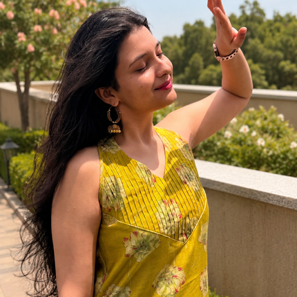 Women's olive green floral kurta set with striped pants, sleeveless ethnic co-ord outfit by RREFLEKT."