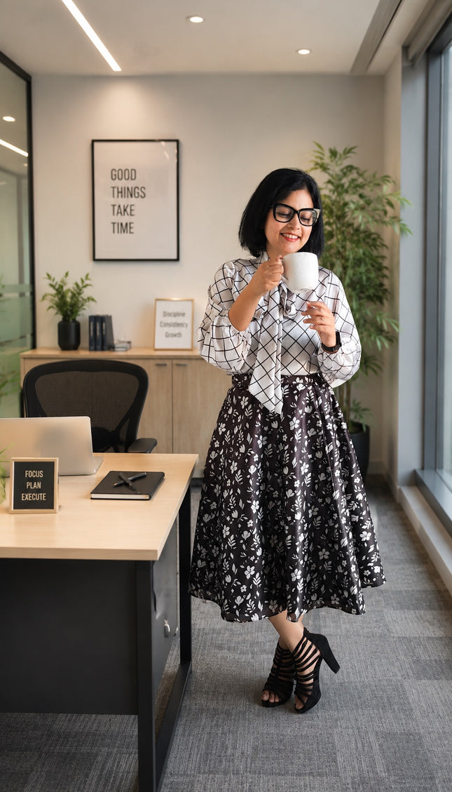 Monochrome Grid Bow-Neck Co-ord Set