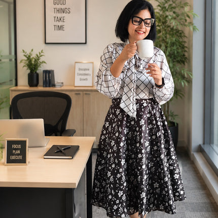 Monochrome Grid Bow-Neck Co-ord Set