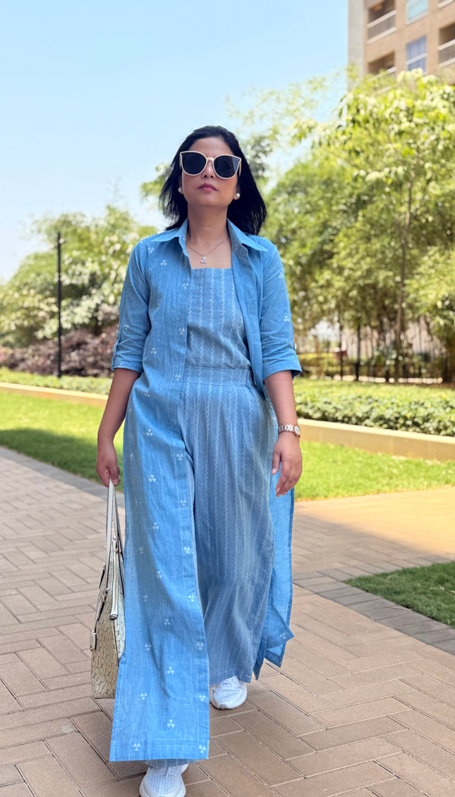 Sky Blue Printed Three-Piece Layered Set