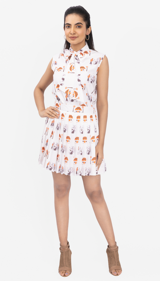 Ivory Story Print Pleated SKater Dress