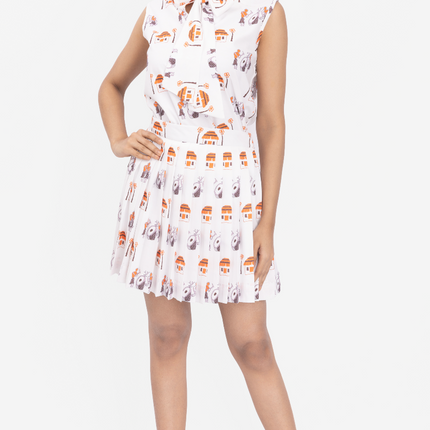Ivory Story Print Pleated SKater Dress