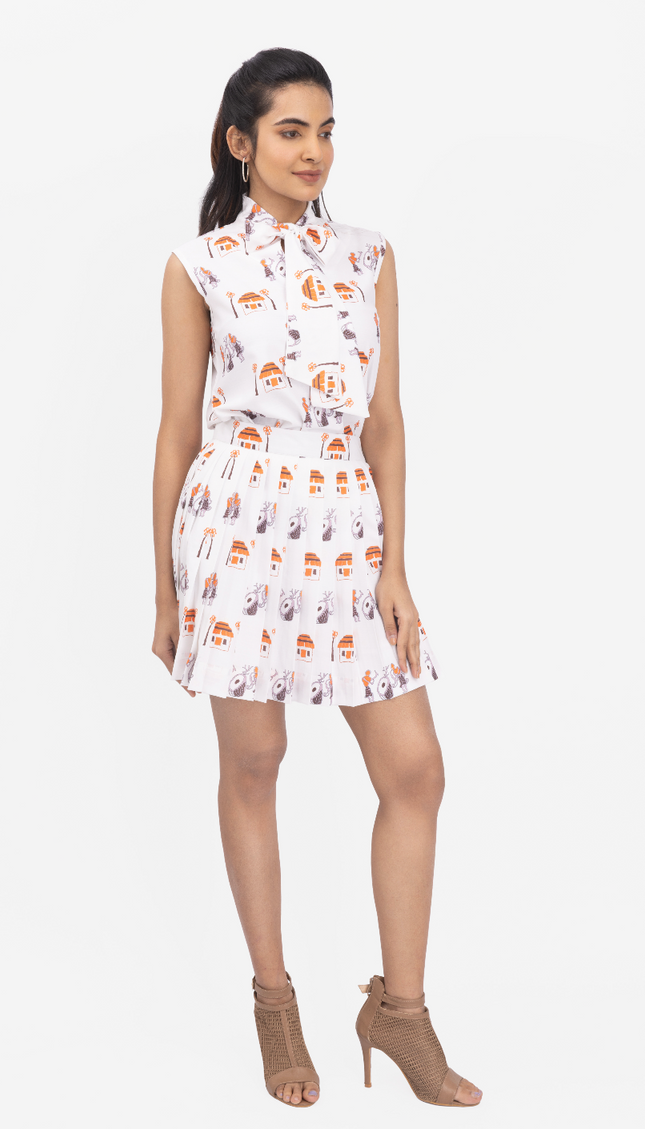 Ivory Story Print Pleated SKater Dress
