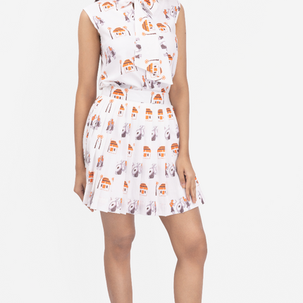 Ivory Story Print Pleated SKater Dress