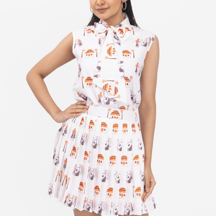 Ivory Story Print Pleated SKater Dress