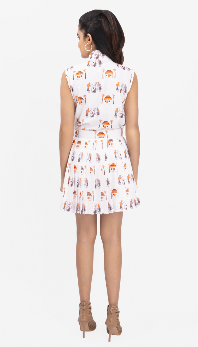Ivory Story Print Pleated SKater Dress