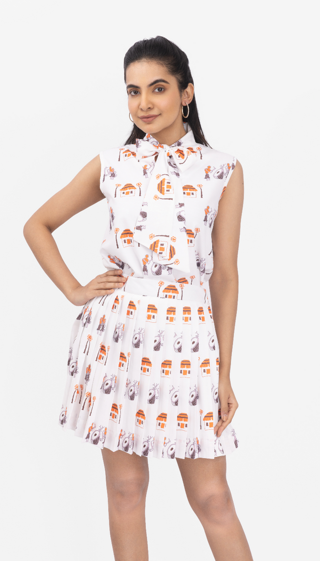 Ivory Story Print Pleated SKater Dress