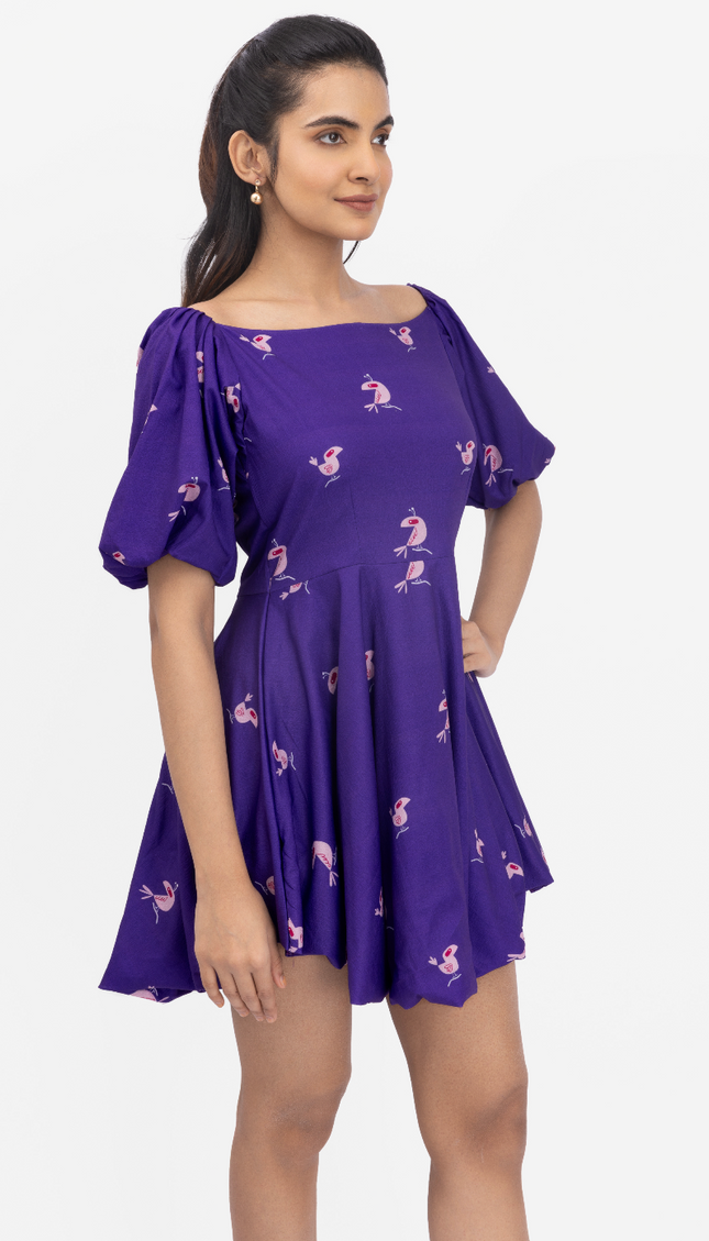 Violet Bloom Puff Sleeve Skater Dress