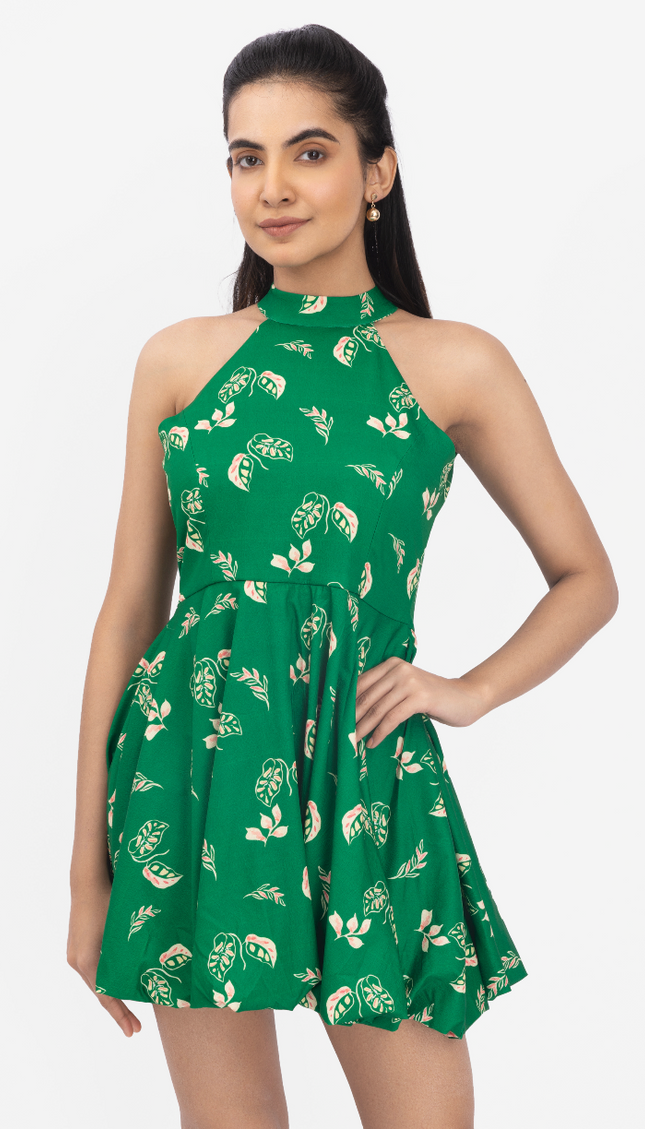 Emerald Whisper Halter Skater Dress