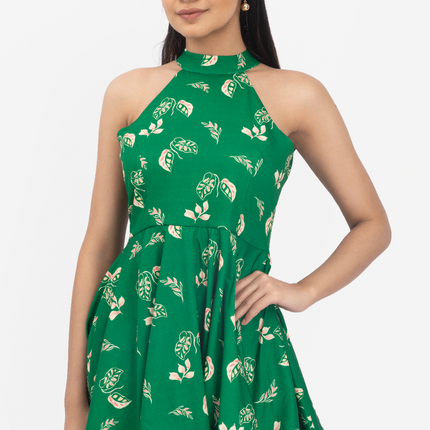 Emerald Whisper Halter Skater Dress