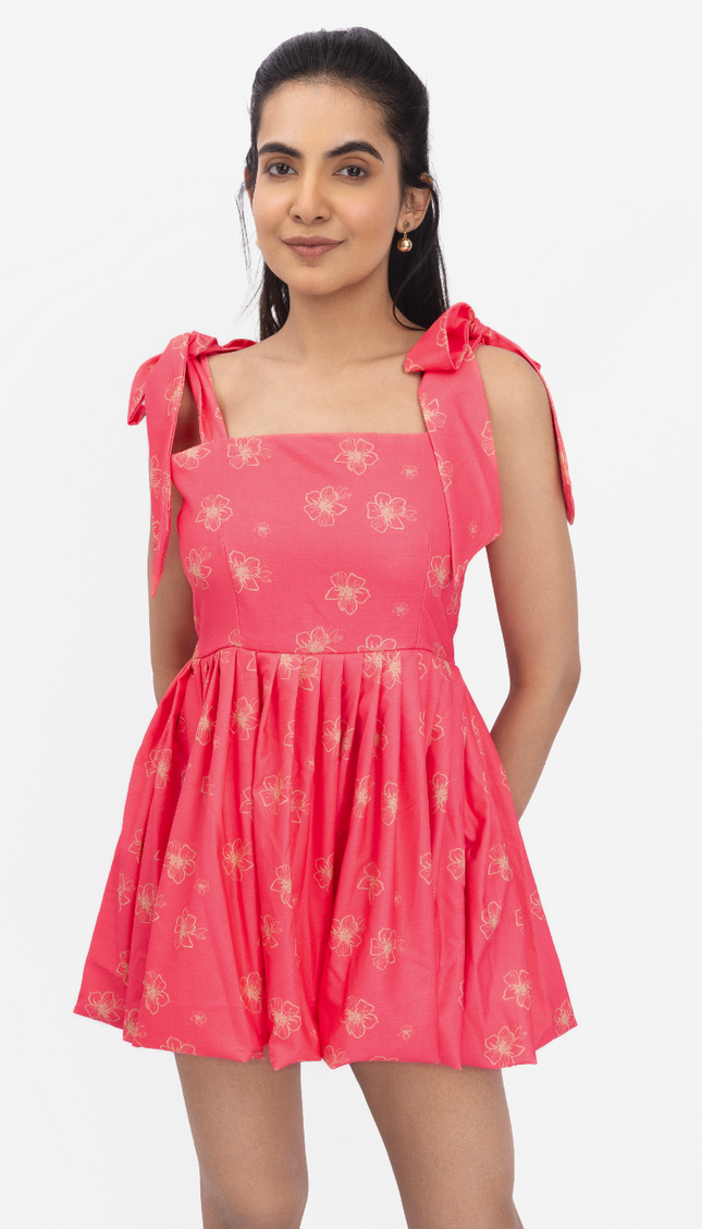 Coral Bloom Tie-Up Skater Dress