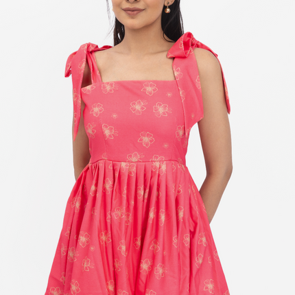 Coral Bloom Tie-Up Skater Dress