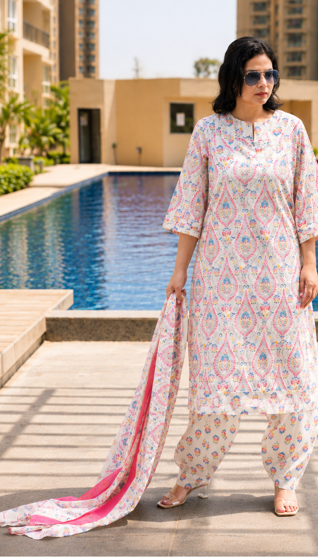 Woman in a patterned outfit standing by a pool with buildings in the background