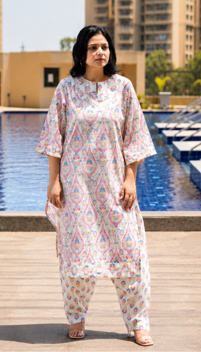 Woman in a white patterned outfit standing by a pool with buildings in the background