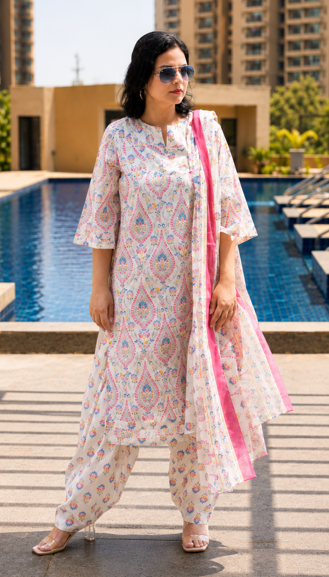 Woman in a floral outfit standing by a pool with buildings in the background