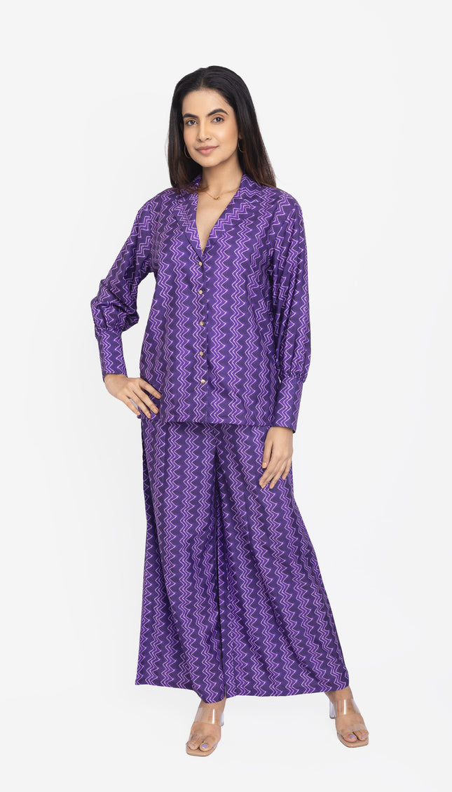 Woman wearing a purple patterned co-ords set