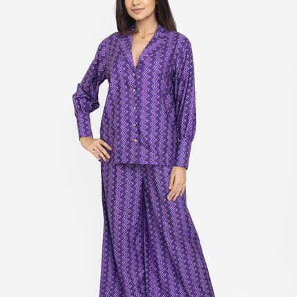 Woman wearing a purple patterned co-ords set
