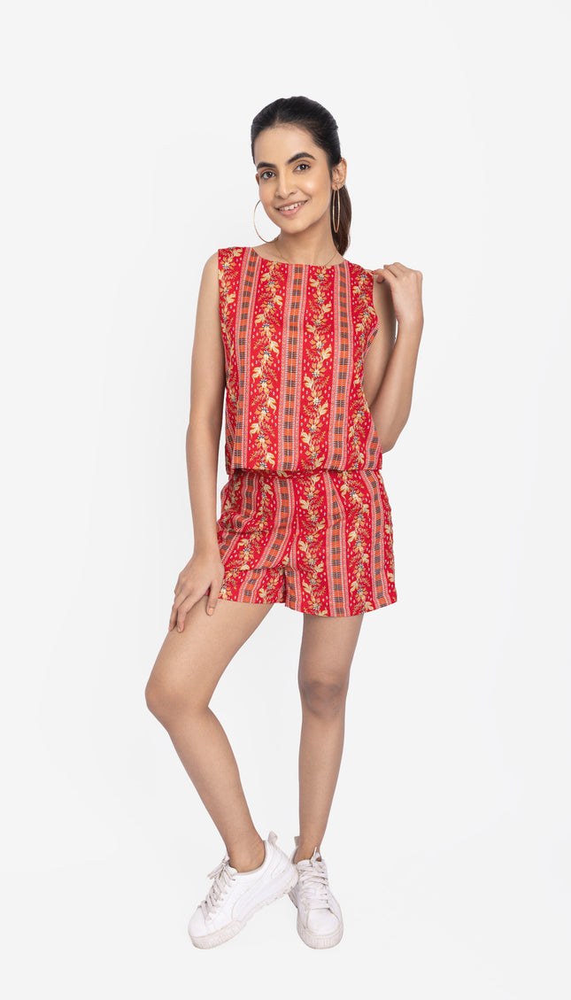 Woman wearing a red patterned outfit