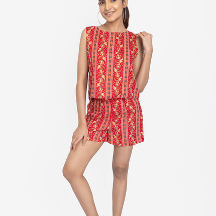 Woman wearing a red patterned outfit
