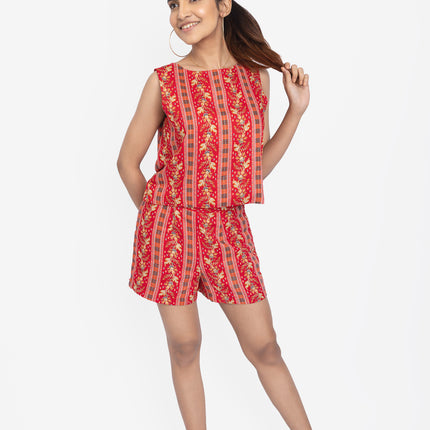 Red Floral Stripe Co-Ord Shorts Set