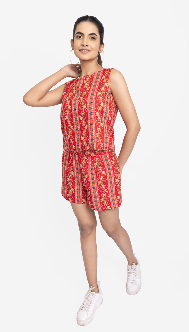 Red Floral Stripe Co-Ord Shorts Set