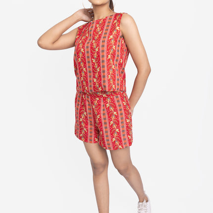 Red Floral Stripe Co-Ord Shorts Set