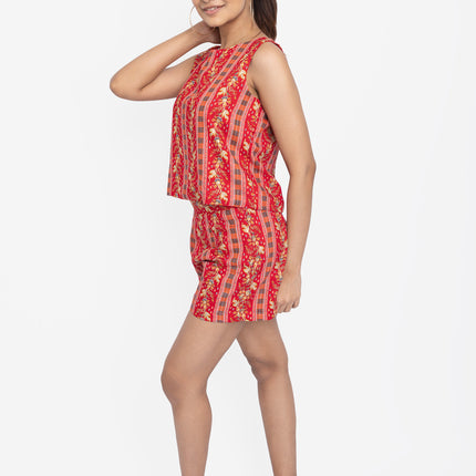Red Floral Stripe Co-Ord Shorts Set