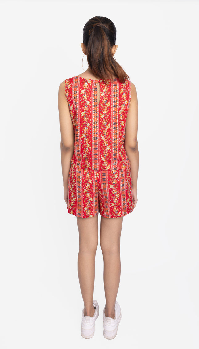 Red Floral Stripe Co-Ord Shorts Set
