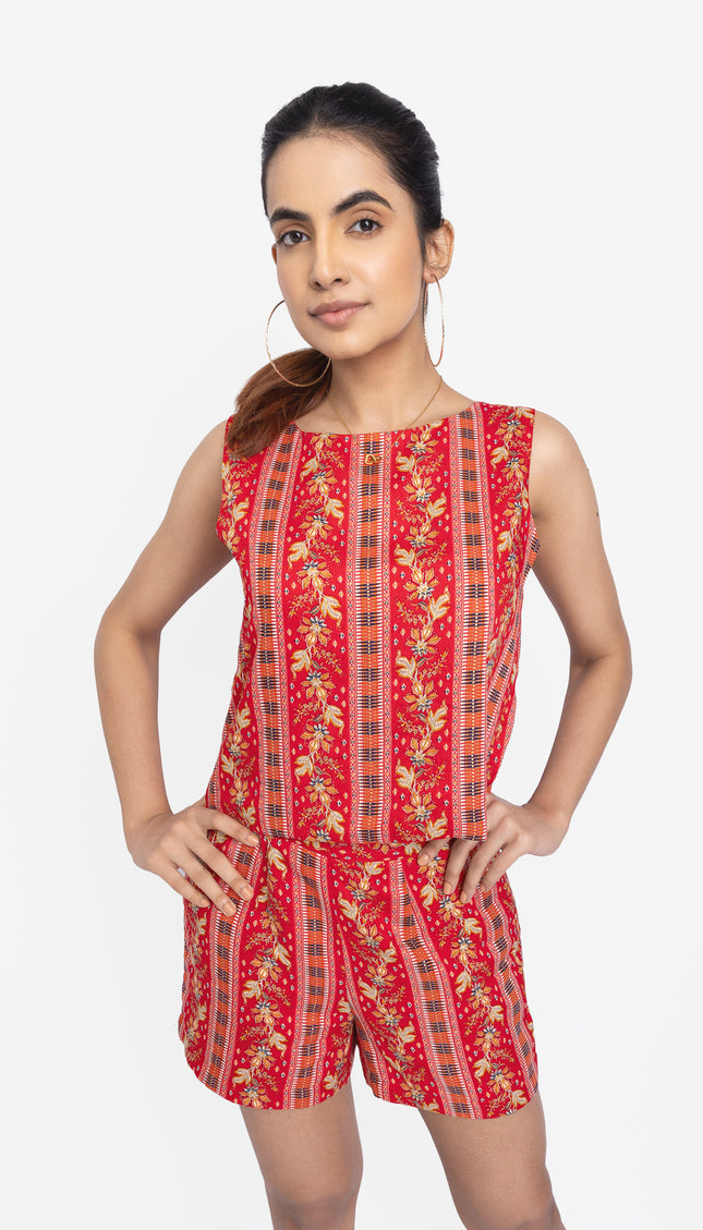 Red Floral Stripe Co-Ord Shorts Set