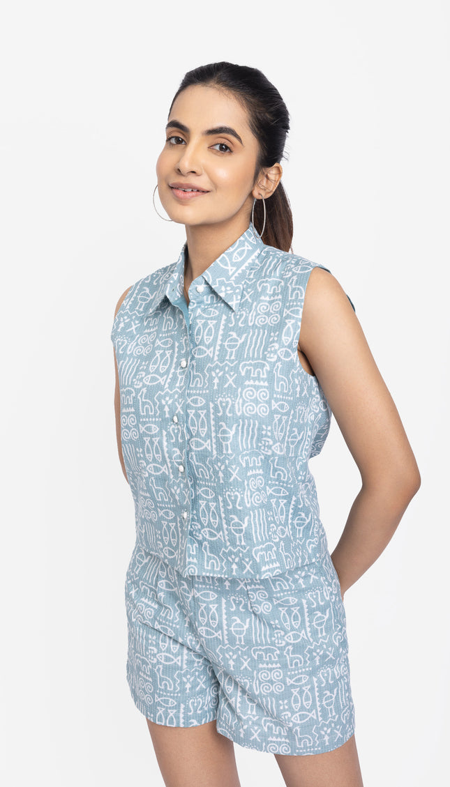 Mint Tribal Print Sleeveless Co-Ord Shorts Set