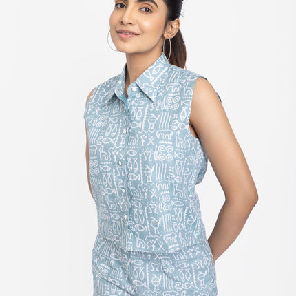 Mint Tribal Print Sleeveless Co-Ord Shorts Set