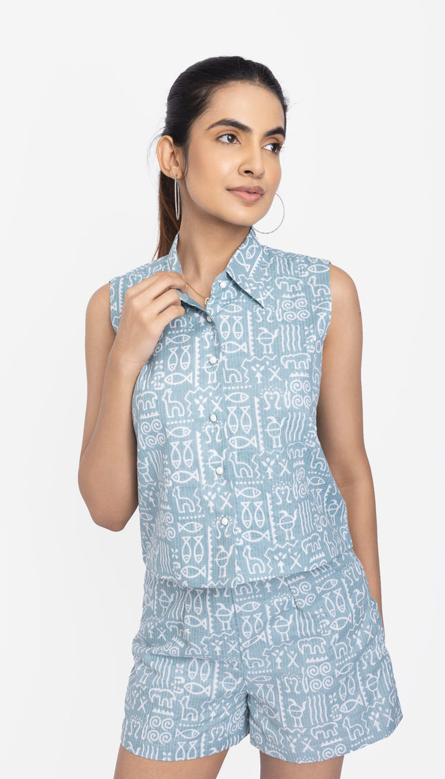 Mint Tribal Print Sleeveless Co-Ord Shorts Set