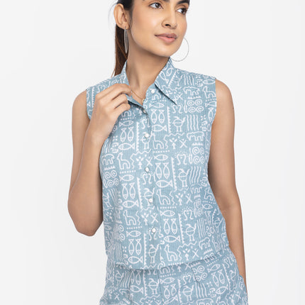 Mint Tribal Print Sleeveless Co-Ord Shorts Set