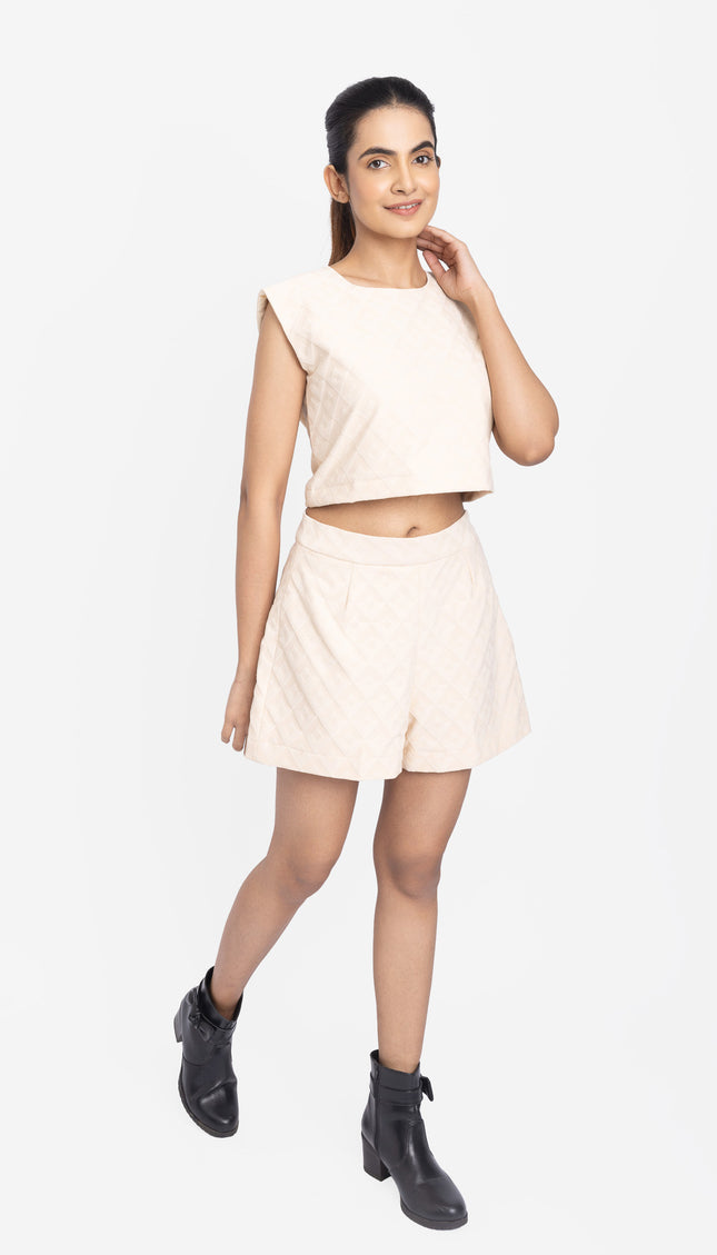 Beige Textured Crop Top & Shorts Co-ord Set