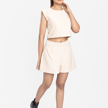 Beige Textured Crop Top & Shorts Co-ord Set