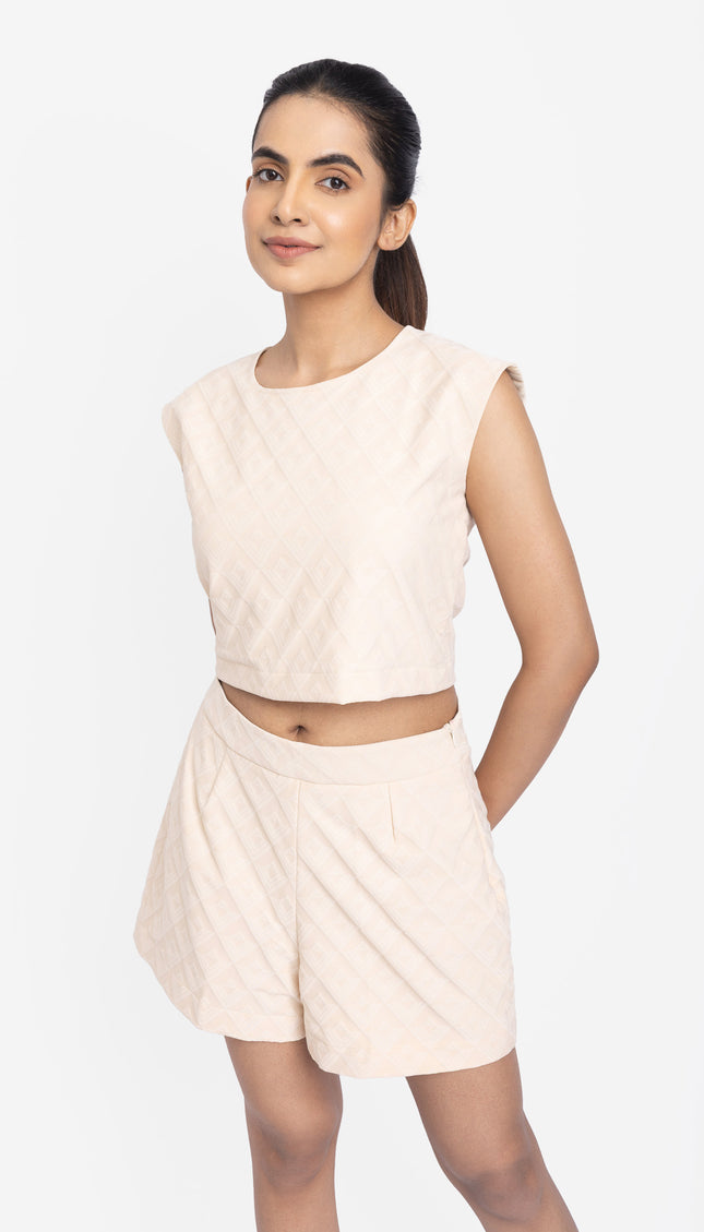 Beige Textured Crop Top & Shorts Co-ord Set