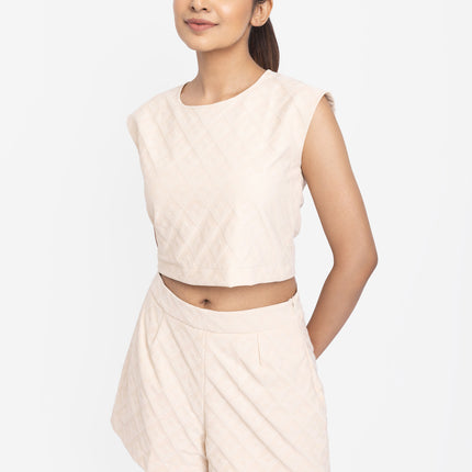 Beige Textured Crop Top & Shorts Co-ord Set