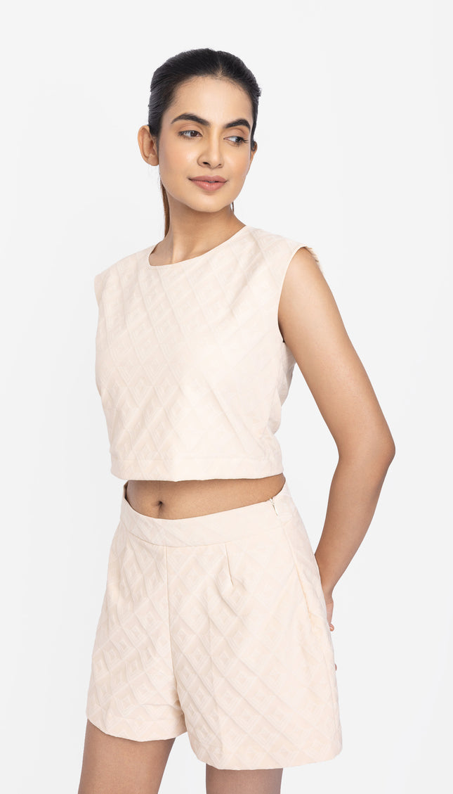 Beige Textured Crop Top & Shorts Co-ord Set