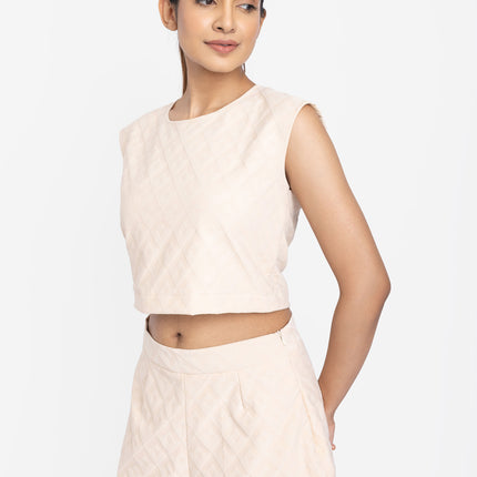 Beige Textured Crop Top & Shorts Co-ord Set