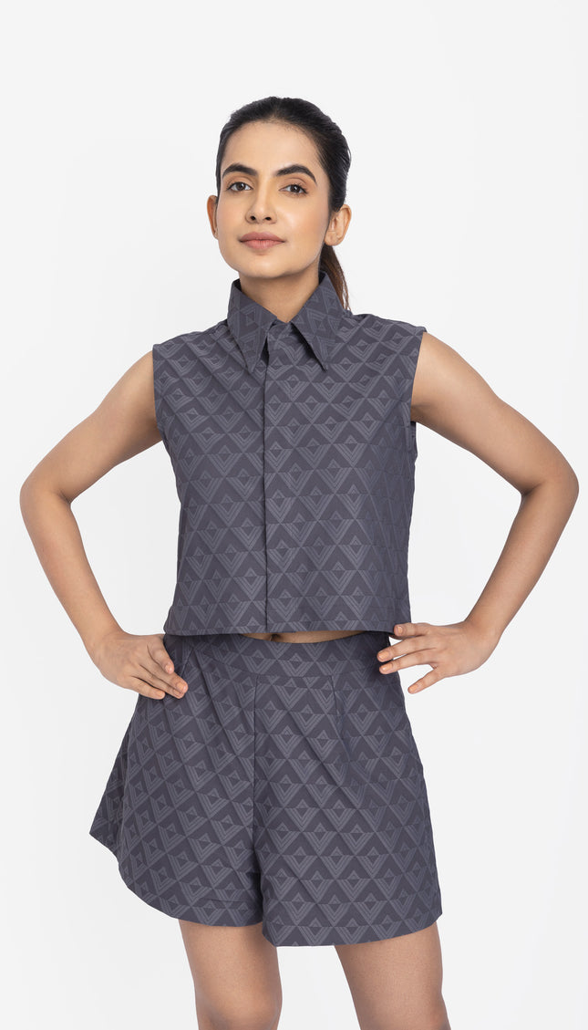 Slate Blue Geo-Textured Crop Shirt & Shorts Co-ord Set