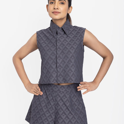 Slate Blue Geo-Textured Crop Shirt & Shorts Co-ord Set
