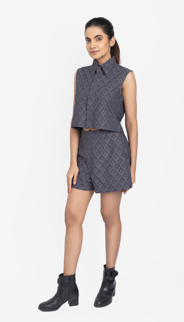 Slate Blue Geo-Textured Crop Shirt & Shorts Co-ord Set