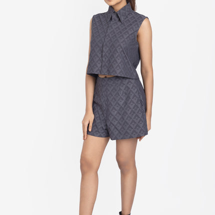 Slate Blue Geo-Textured Crop Shirt & Shorts Co-ord Set